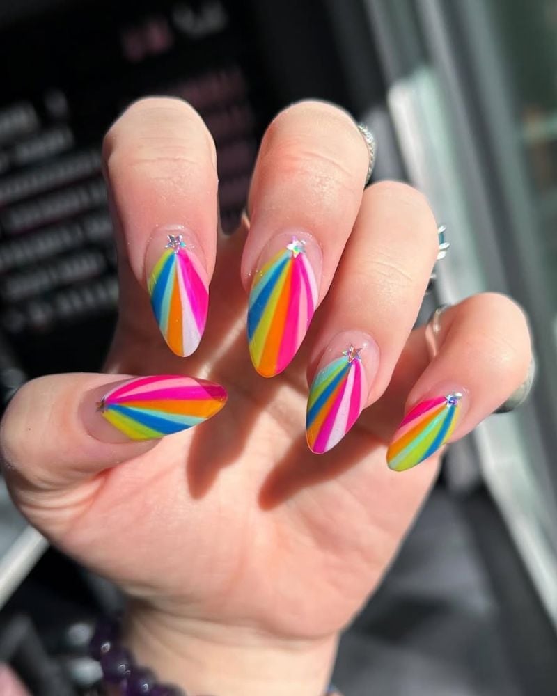 Rainbow Stripes with Star Accents Medium Almond — Simple Rainbow Nails