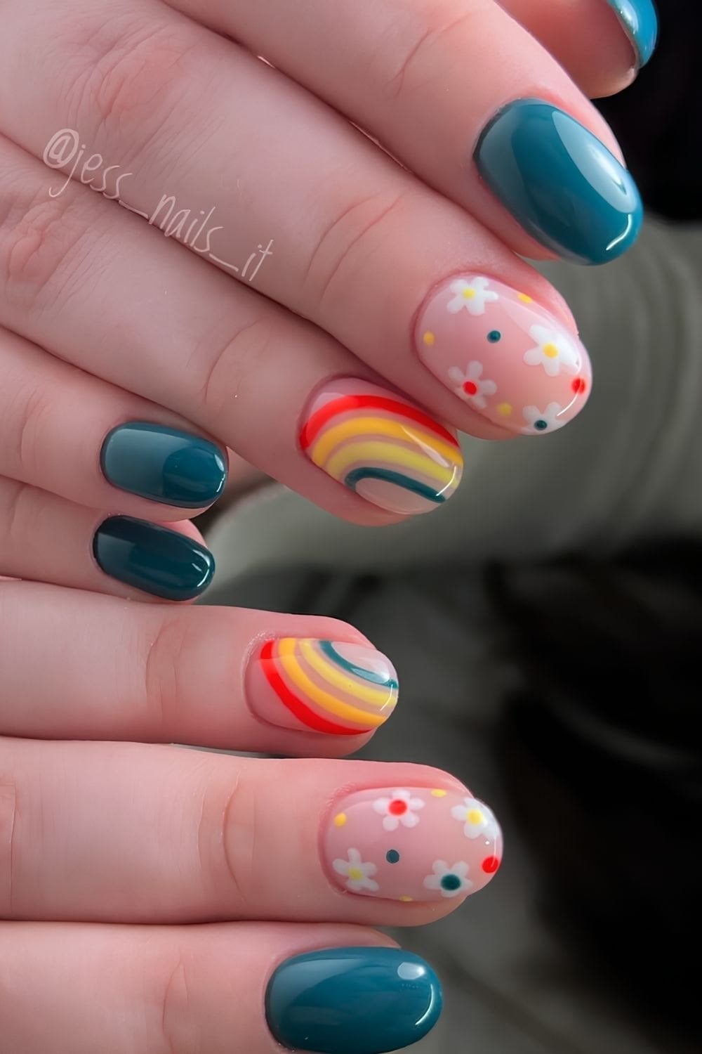 Rainbow Stripes and Floral Short Oval Nails — Simple Rainbow Nails
