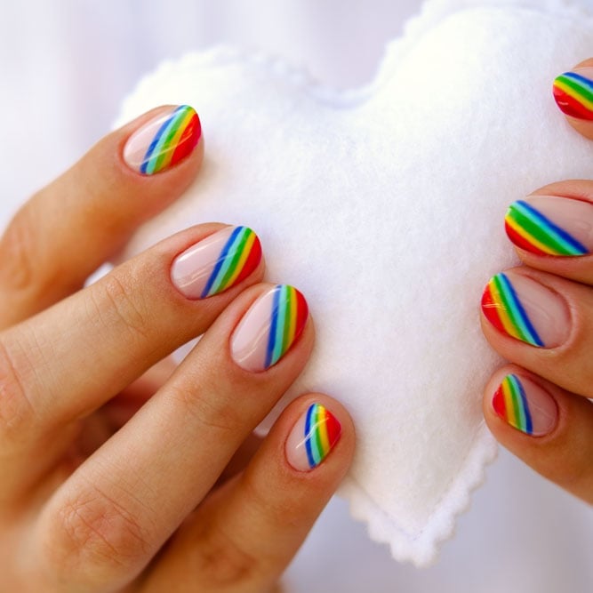 Diagonal Rainbow Stripes Short Oval Nails, Close-Up Take — Simple Rainbow Nails