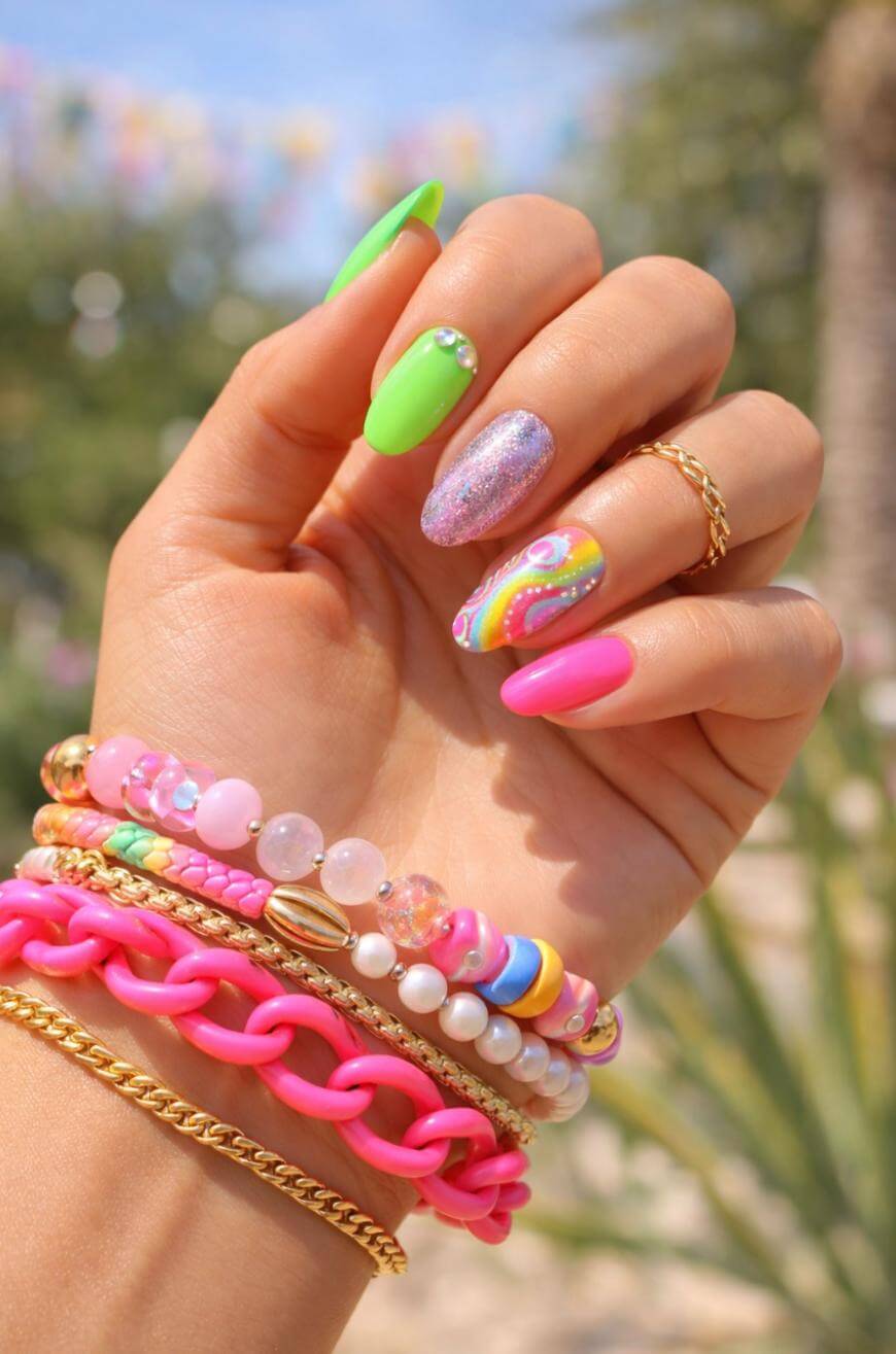 Rainbow Swirl Accent Medium Almond Nails — Simple Rainbow Nails