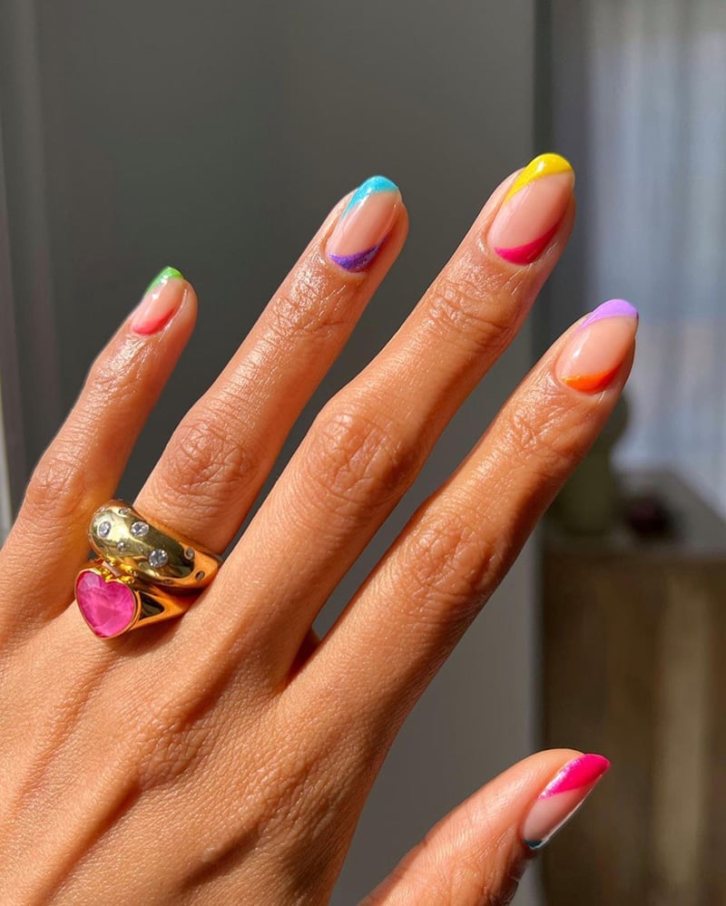 Thin Pastel Rainbow French Tips Medium Almond — Simple Rainbow Nails