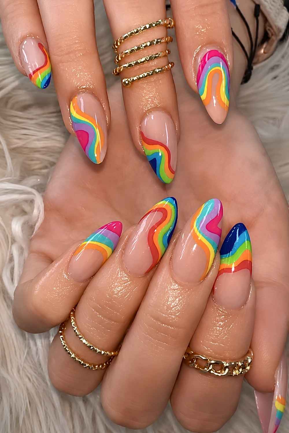 Rainbow Wavy Lines Long Almond Nails — Simple Rainbow Nails