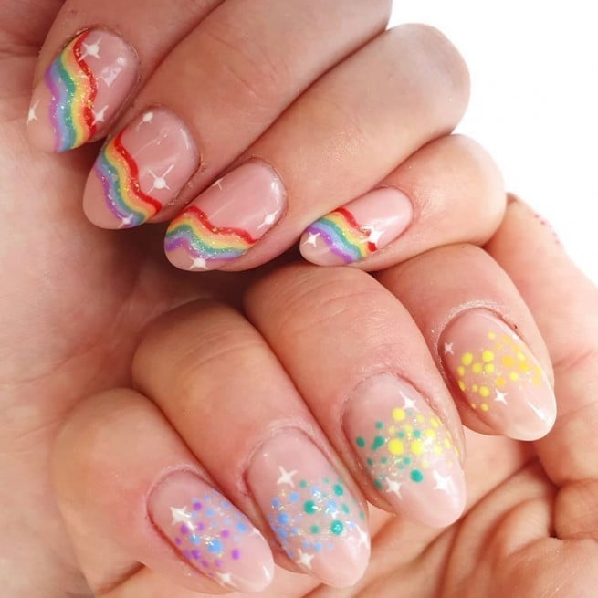 Pastel Rainbow Wavy Design Glitter Short Almond — Simple Rainbow Nails