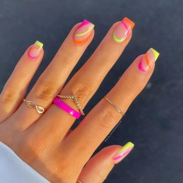 Neon Abstract French Tips Square Nails — Simple Rainbow Nails