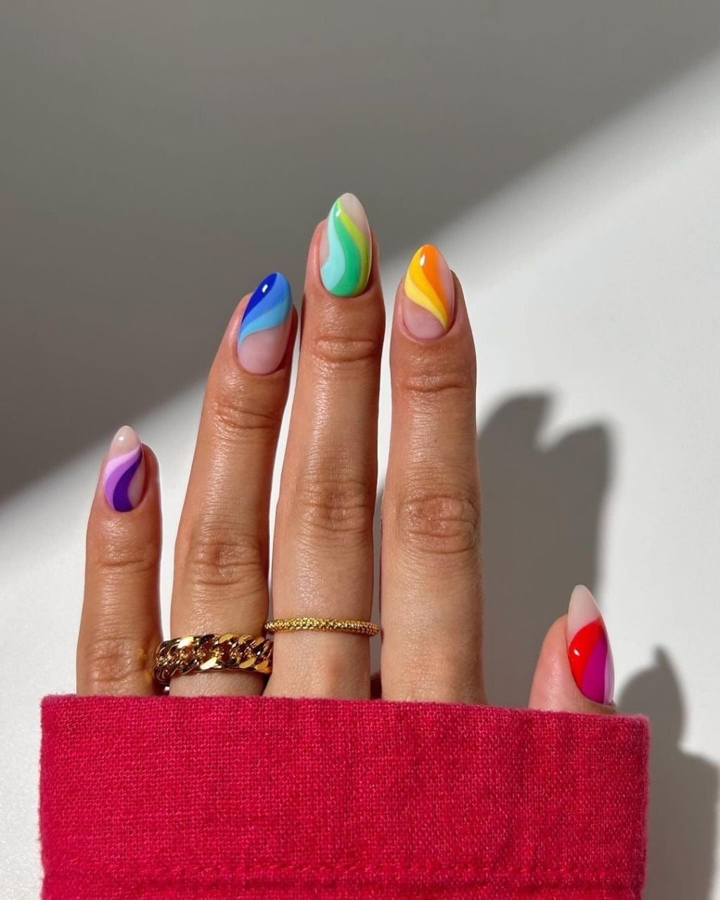 Abstract Rainbow Swirls Long Almond Nails — Simple Rainbow Nails