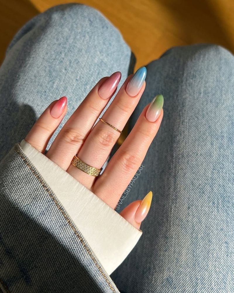 Soft Rainbow Gradient Medium Almond Nails — Simple Rainbow Nails