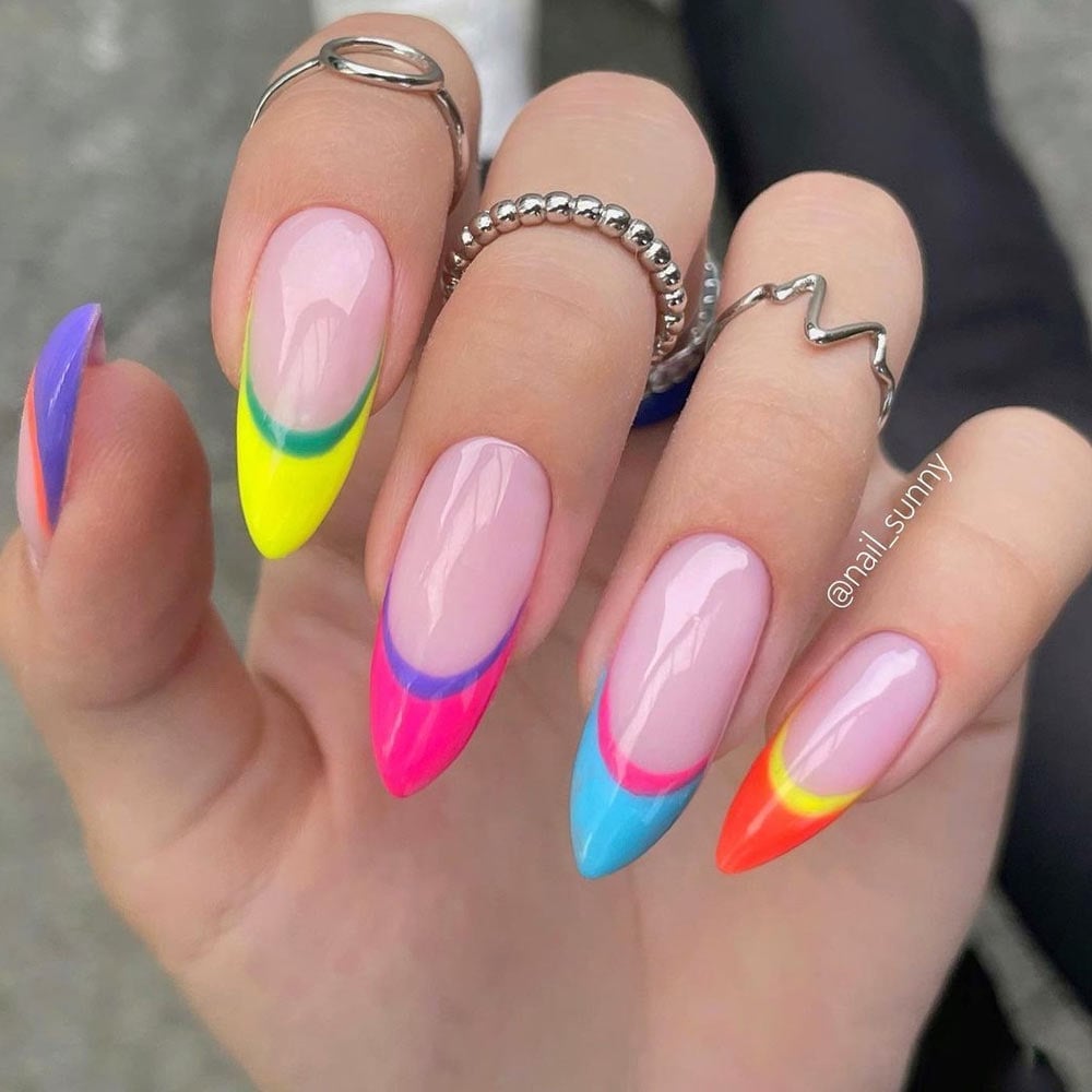 Neon Rainbow Tips Sharp Almond Medium — Simple Rainbow Nails