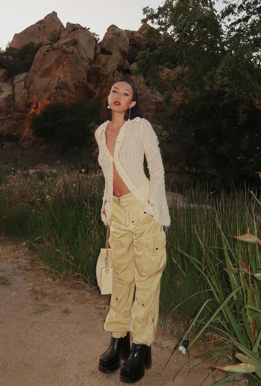 Cream Knit Cardigan With Oversized Cargo Pants — Simple Rap Concert Outfits