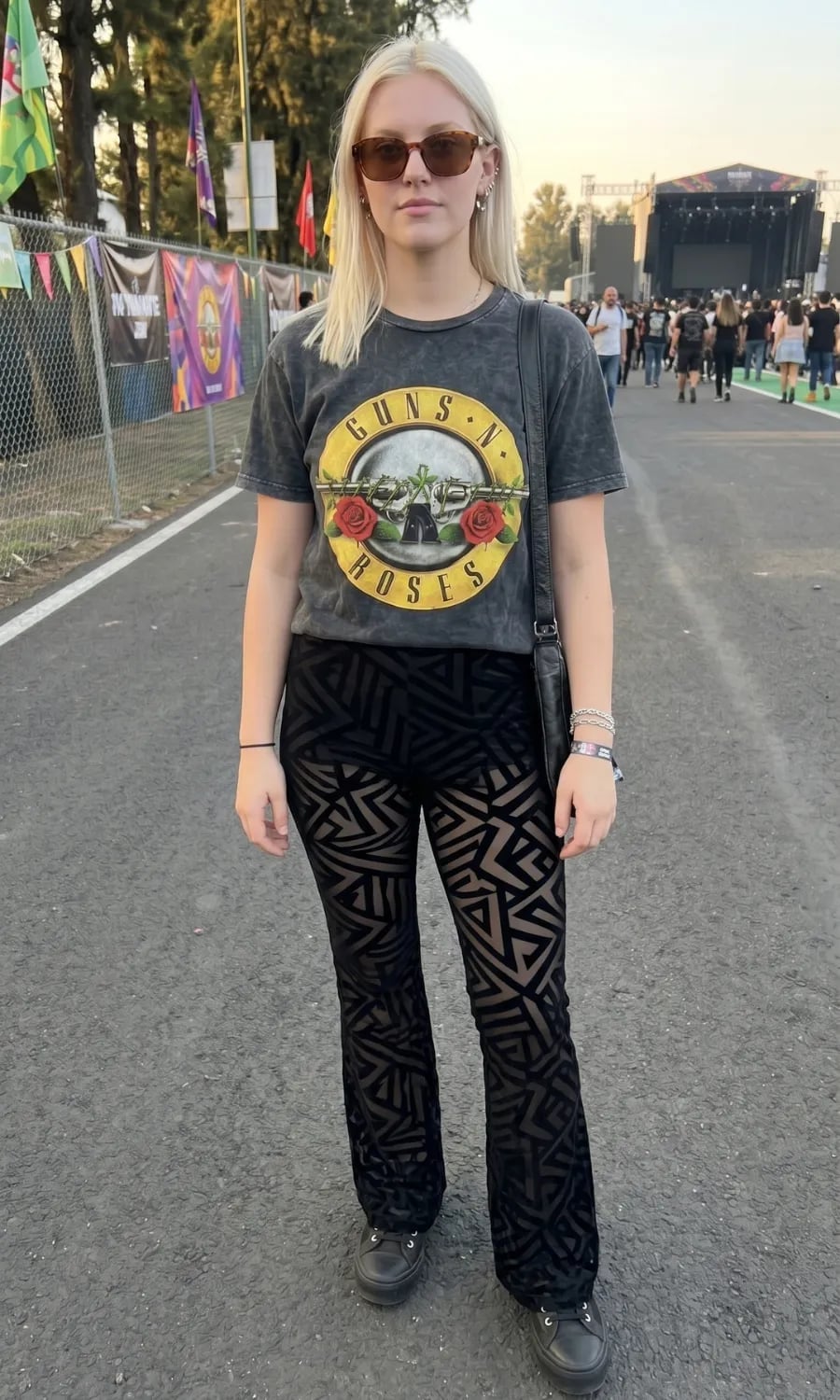 Grey Band T-Shirt With Patterned Velvet Flared Pants — Simple Rap Concert Outfits