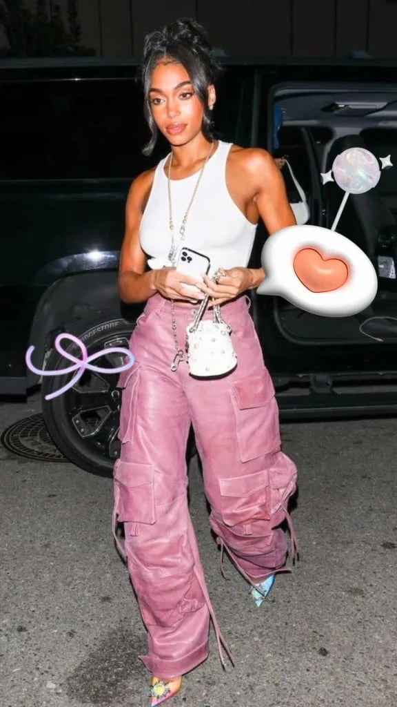 White Tank Top With Pink Leather Cargo Pants — Simple Rap Concert Outfits