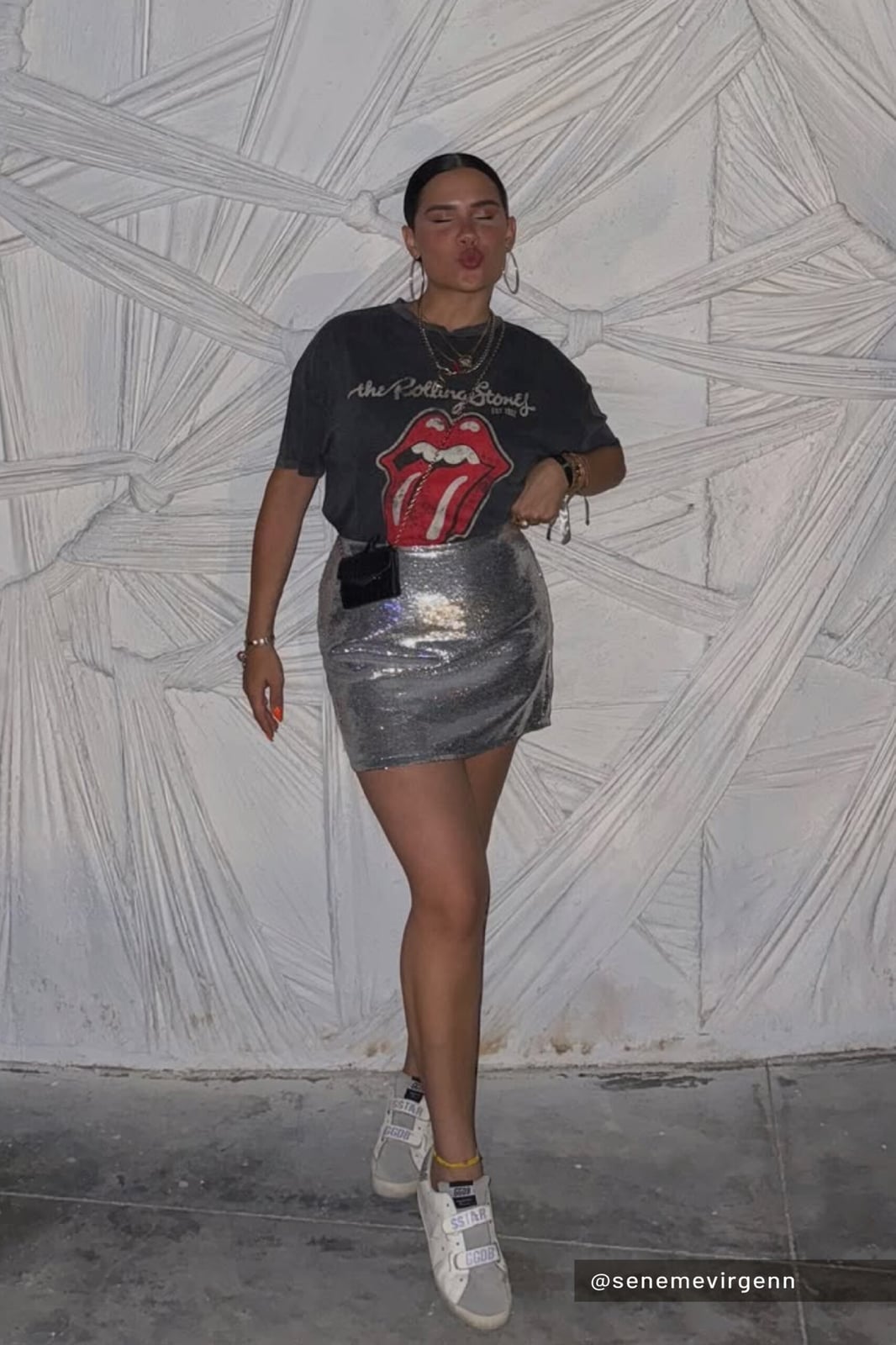 Grey Band T-Shirt With Silver Sequin Mini Skirt — Simple Rap Concert Outfits