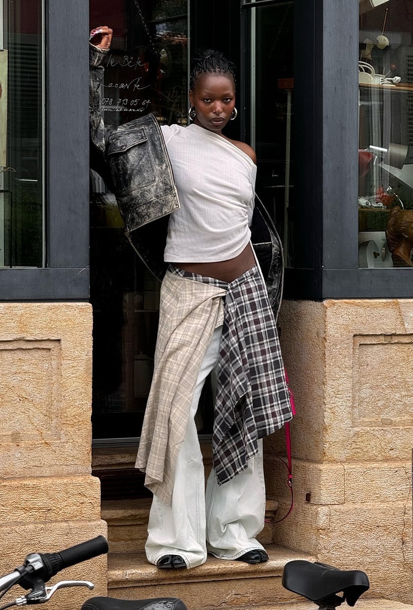 Grey Off-The-Shoulder Top With Plaid Shirt Layers — Simple Rap Concert Outfits