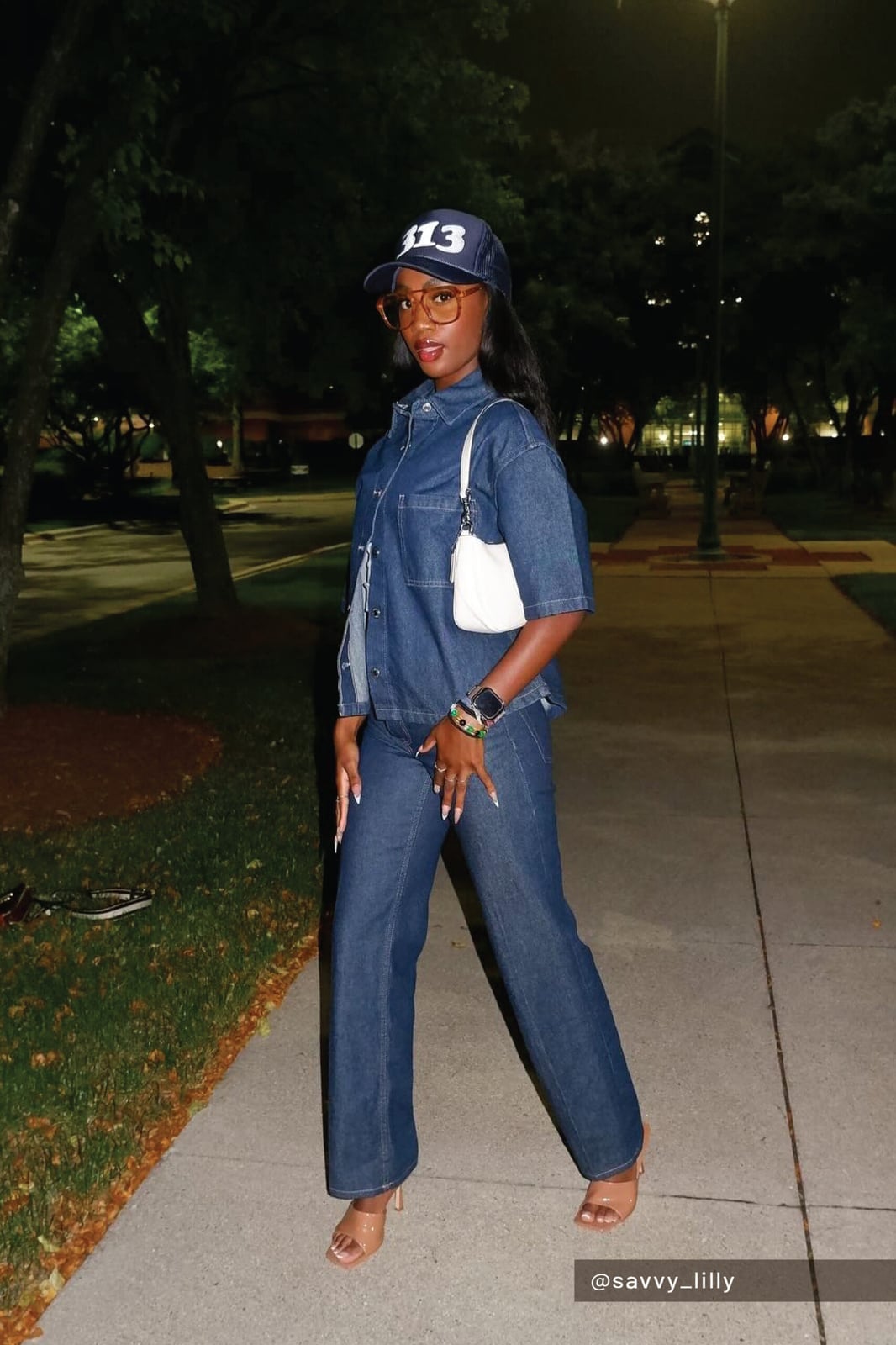 Denim Button-Up With Matching Wide-Leg Jeans — Simple Rap Concert Outfits