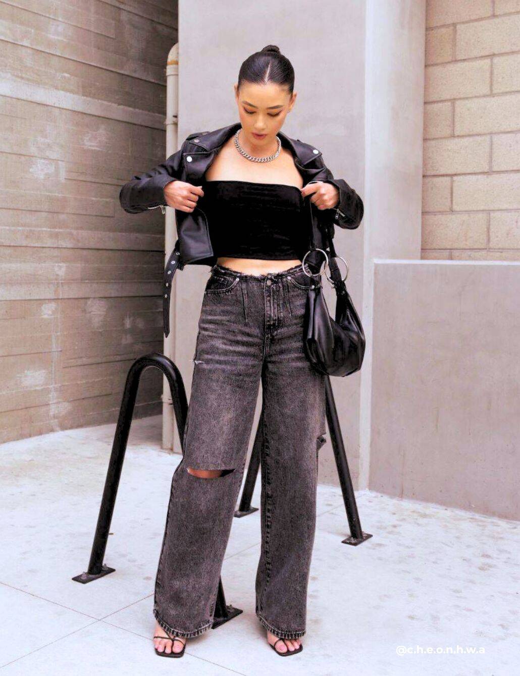 Black Velvet Tube Top With Distressed Grey Jeans — Simple Rap Concert Outfits