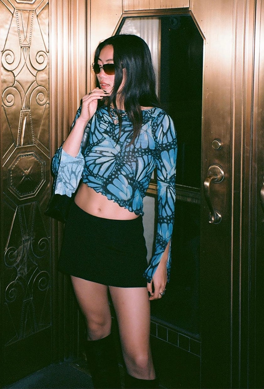 Butterfly Print Mesh Top With Black Mini Skirt — Simple Rap Concert Outfits