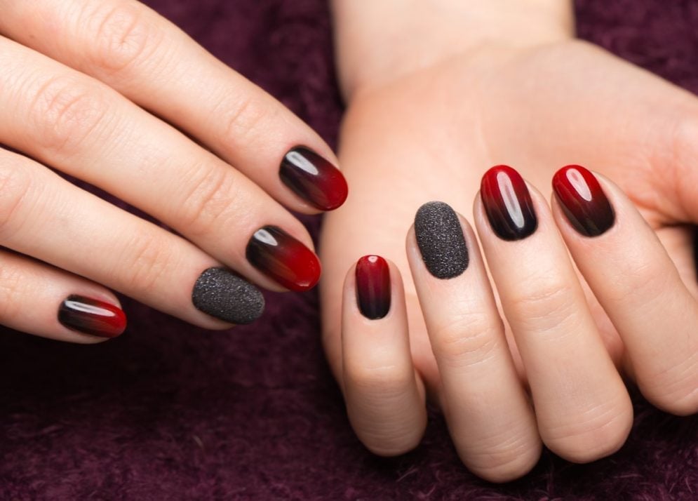 Oval Red Black Ombre With Matte Glitter Accent Nails — Simple Red and Black Nails