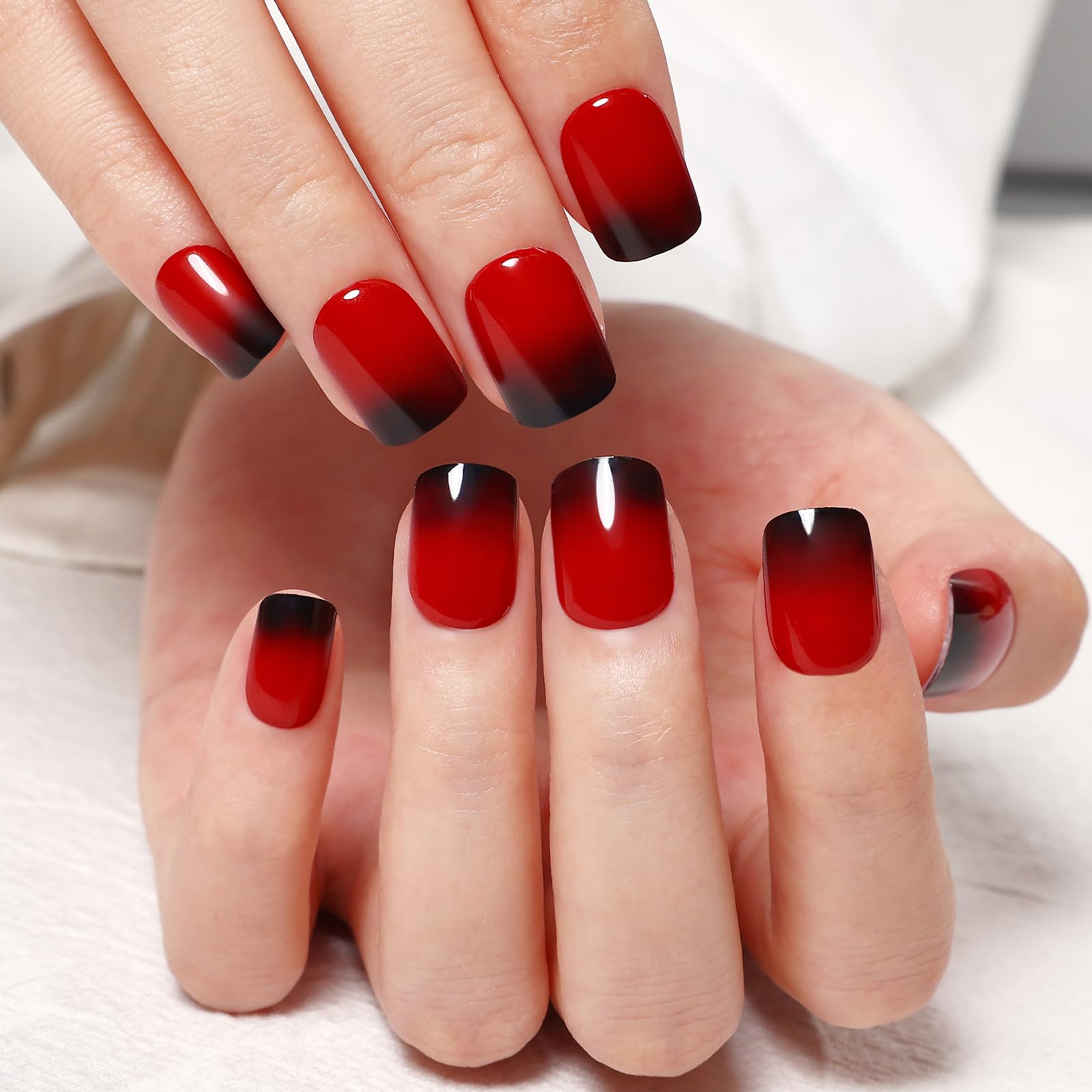 Short Square Glossy Red To Black Ombre Nails — Simple Red and Black Nails
