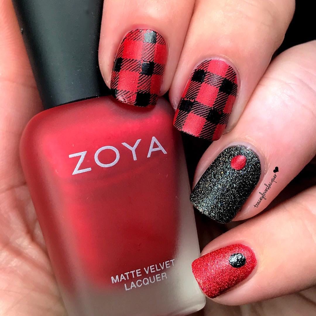 Short Square Matte Red Black Plaid Glitter Nails — Simple Red and Black Nails