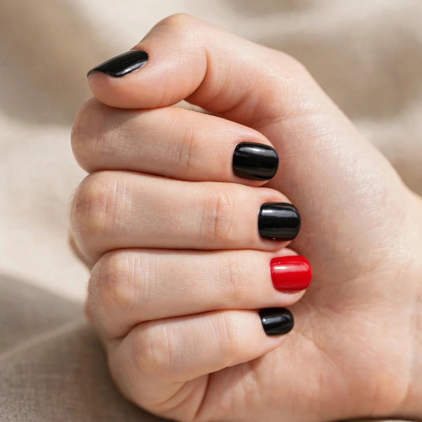 Short Glossy Black Nails With One Red Accent — Simple Red and Black Nails