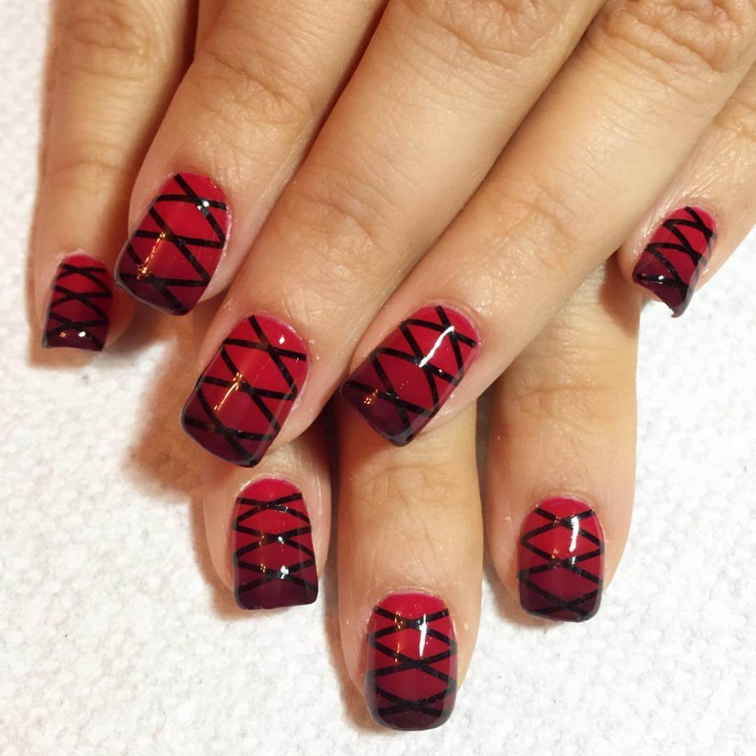 Short Square Red Black Gradient With Crosshatch — Simple Red and Black Nails