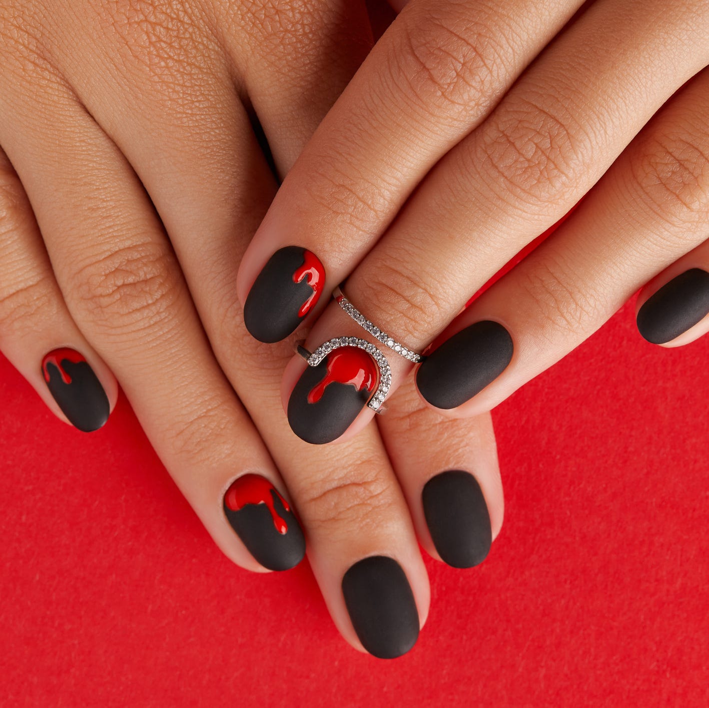 Matte Black With Glossy Red Drip Short Oval Nails — Simple Red and Black Nails