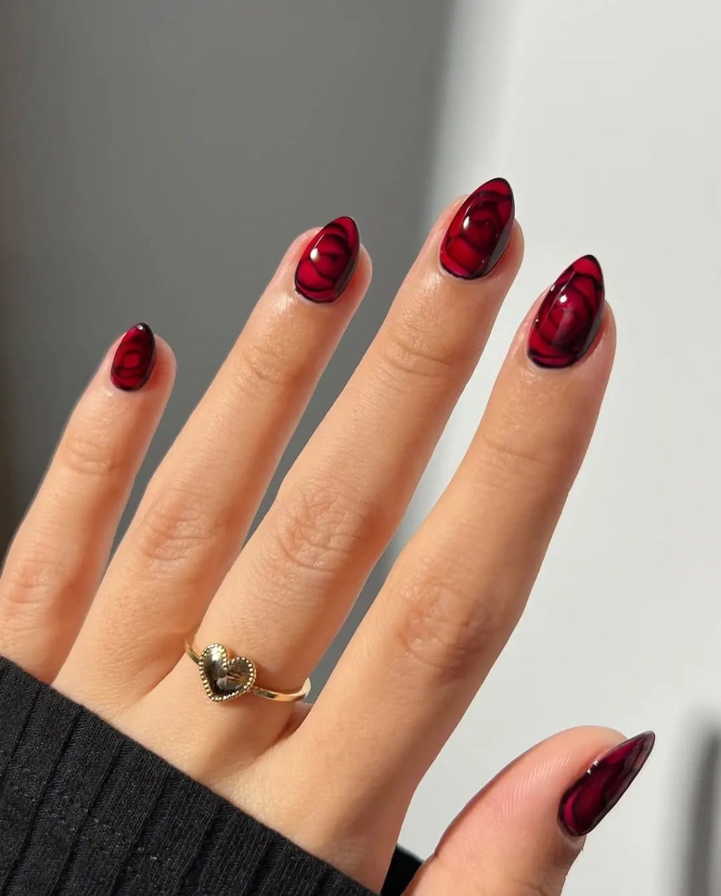 Red Nails With Black Rose Petal Outline — Simple Red and Black Nails
