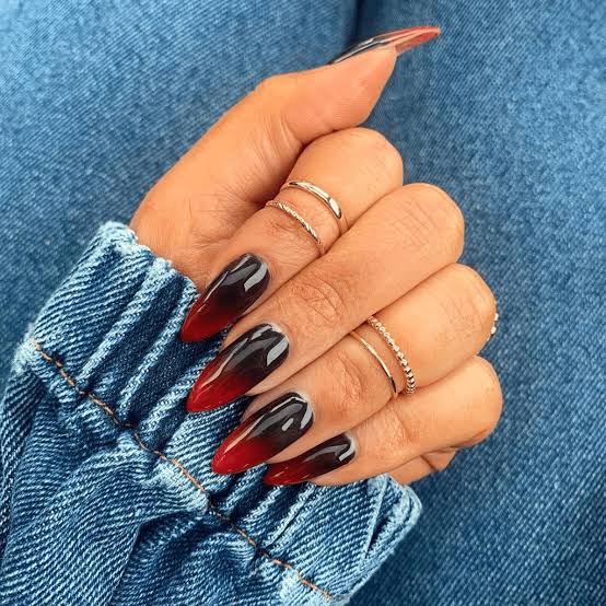 Black Base With Red French Tip Medium Almond Nails — Simple Red and Black Nails