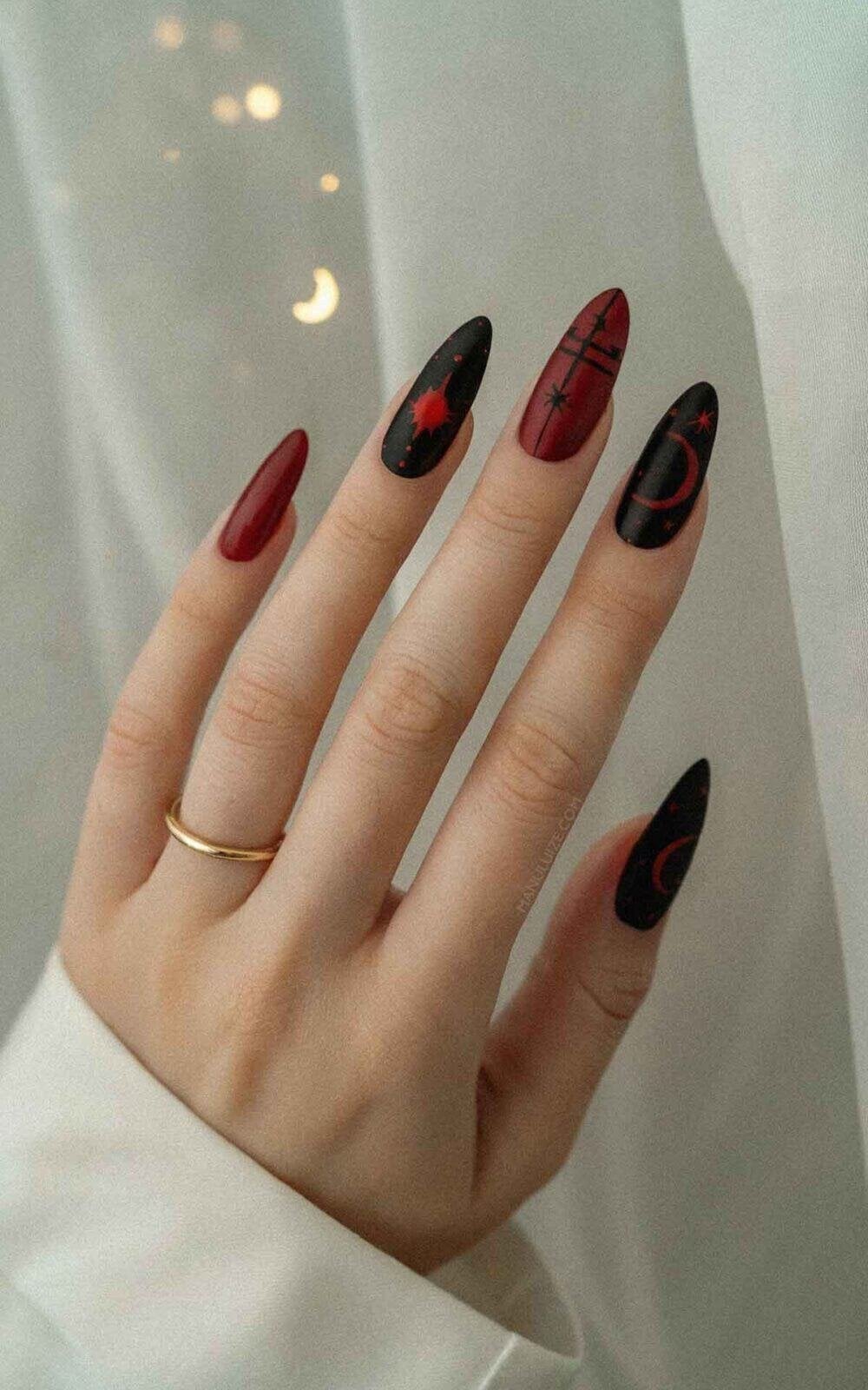 Matte Black With Red Plaid And Crescent Moon Stiletto Nails — Simple Red and Black Nails