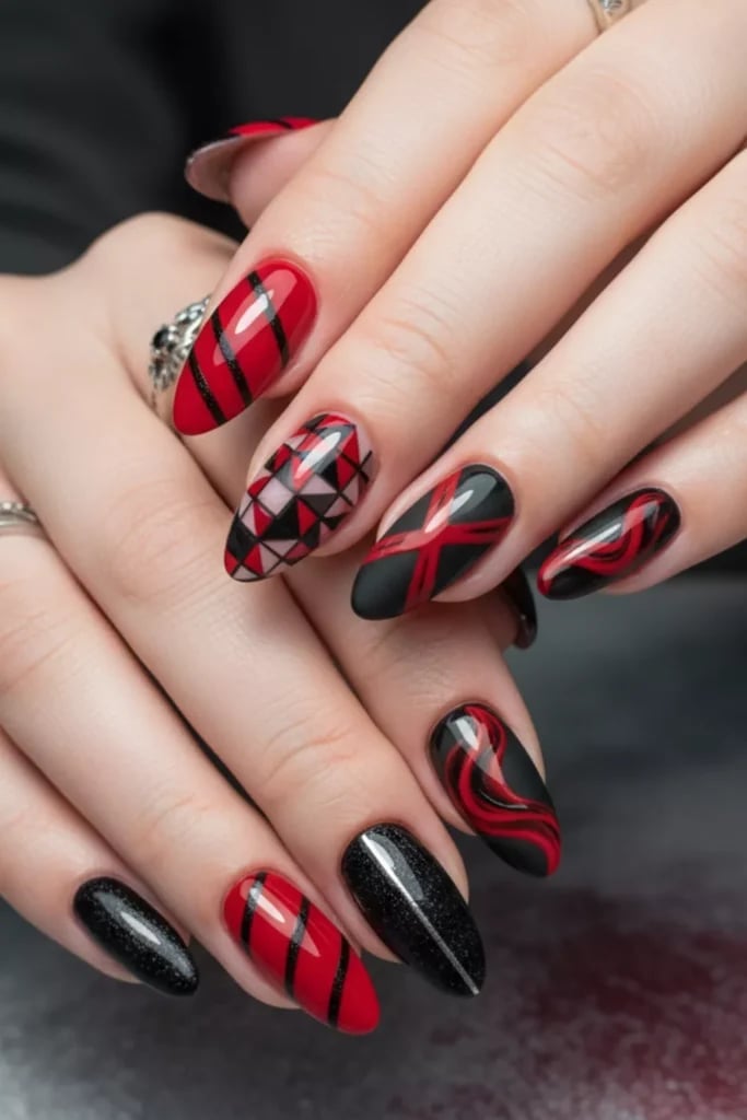 Medium Almond Red Black Geometric Pattern Nails — Simple Red and Black Nails