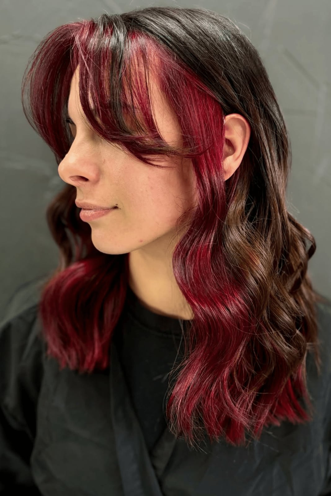 Deep Cherry Red Shag With Curtain Bangs — Simple Red Highlights