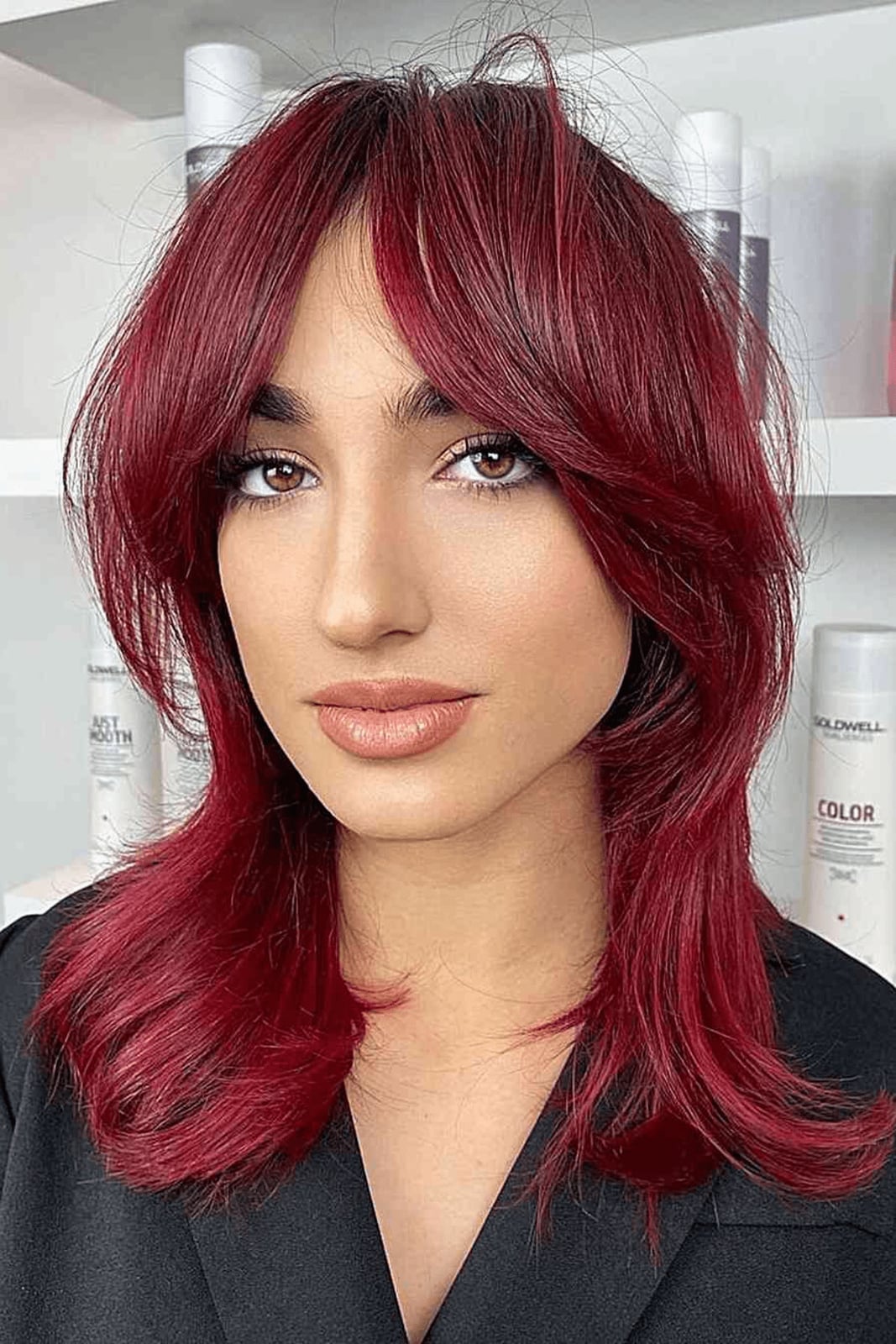 Collarbone Shag Cut Deep Cherry Red — Simple Red Highlights