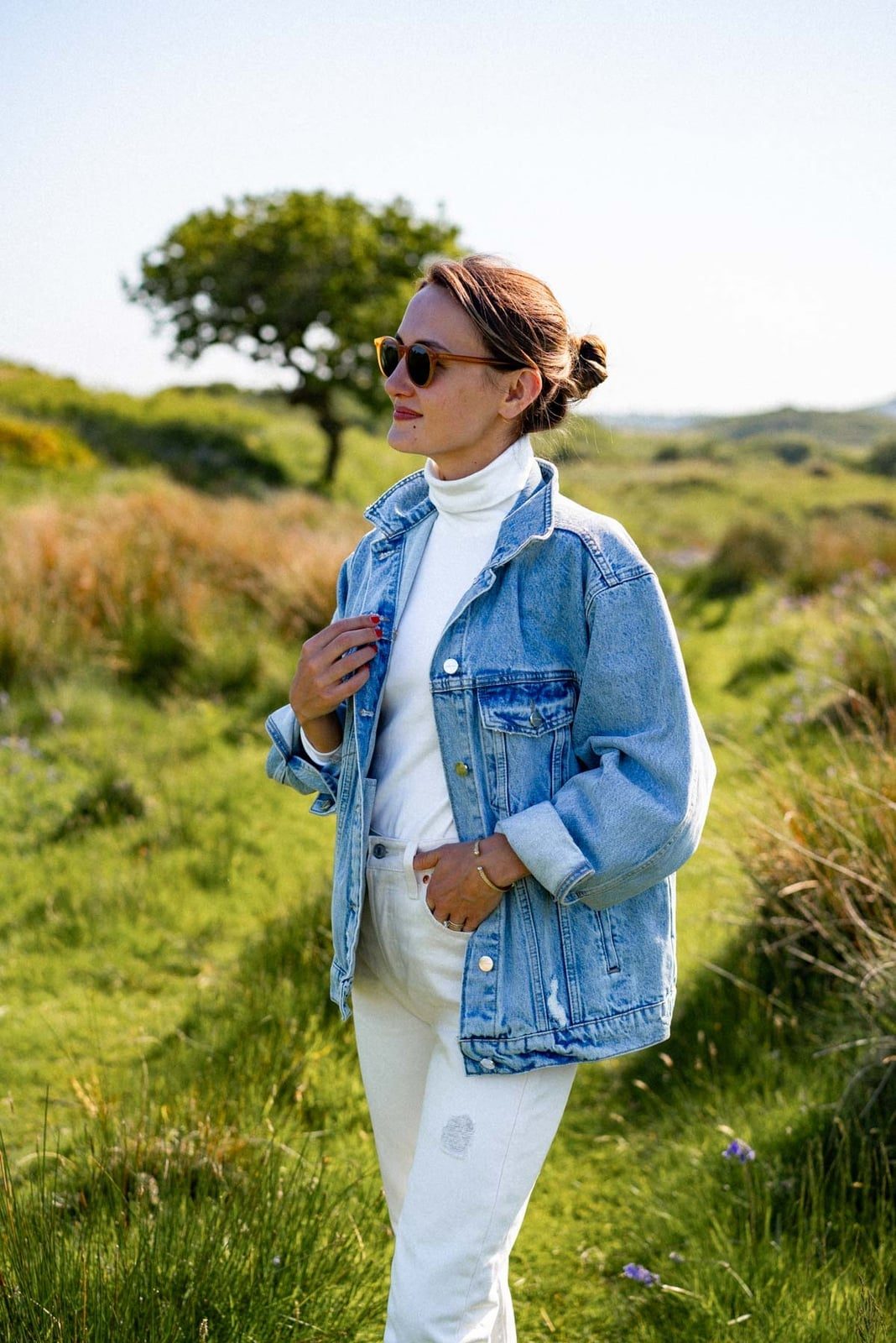 Oversized Denim Jacket Over White Turtleneck and Jeans — Simple Road Trip Outfits