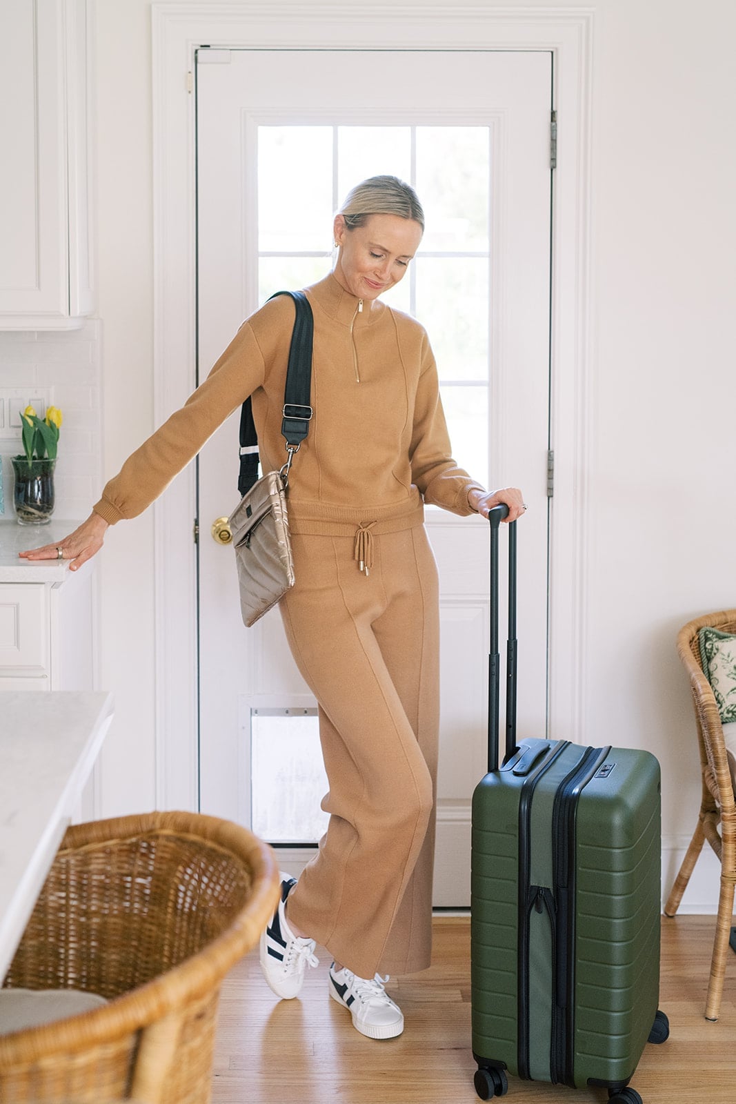 Tan Knit Loungewear Set with White Sneakers — Simple Road Trip Outfits
