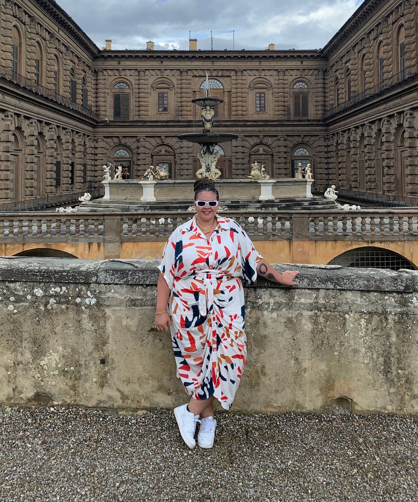 Abstract Print Shirt Dress with White Sneakers — Simple Road Trip Outfits
