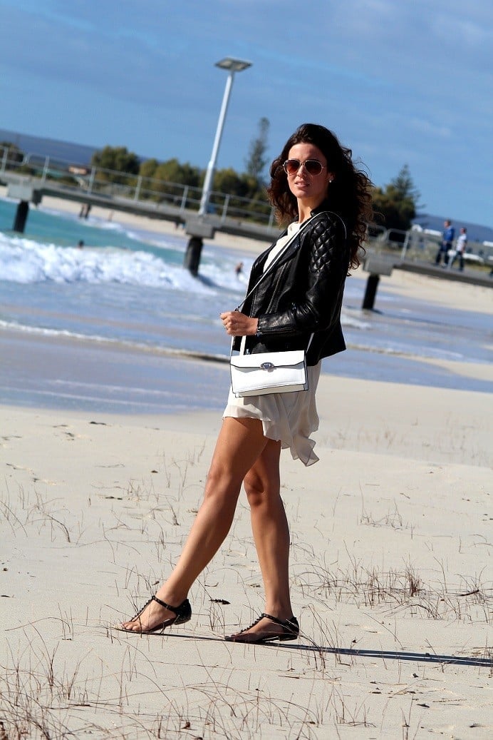 Black Leather Jacket Over Cream Slip Dress — Simple Road Trip Outfits