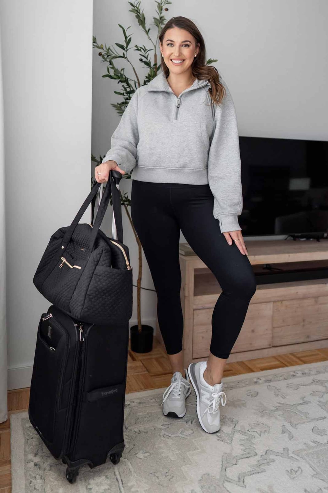 Grey Cropped Sweatshirt with Black Leggings — Simple Road Trip Outfits