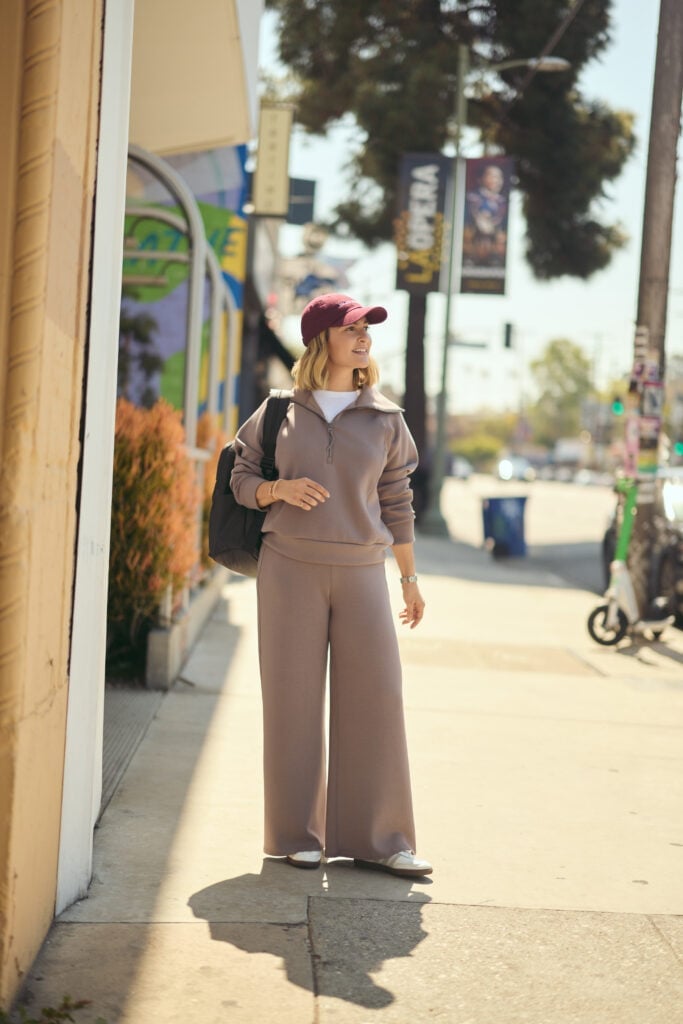 Taupe Knit Set with Maroon Baseball Cap — Simple Road Trip Outfits