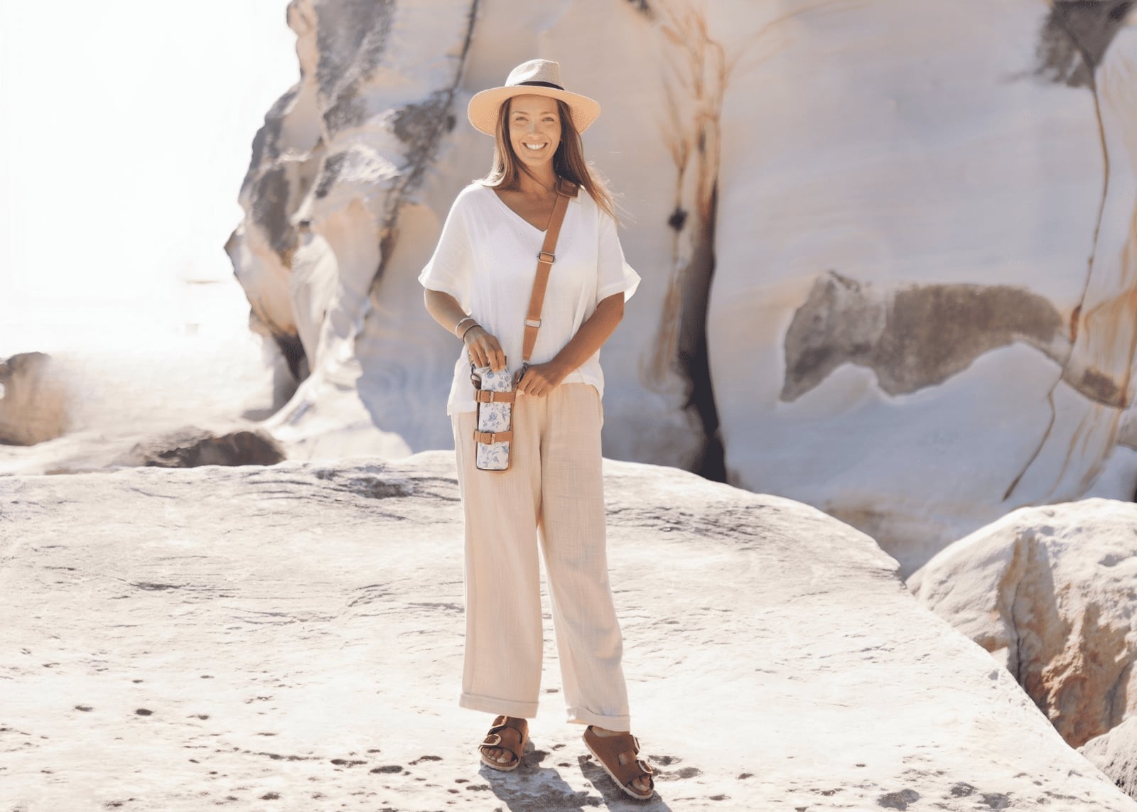 Wide-leg Linen Trousers with Loose White V-Neck Top — Simple Road Trip Outfits