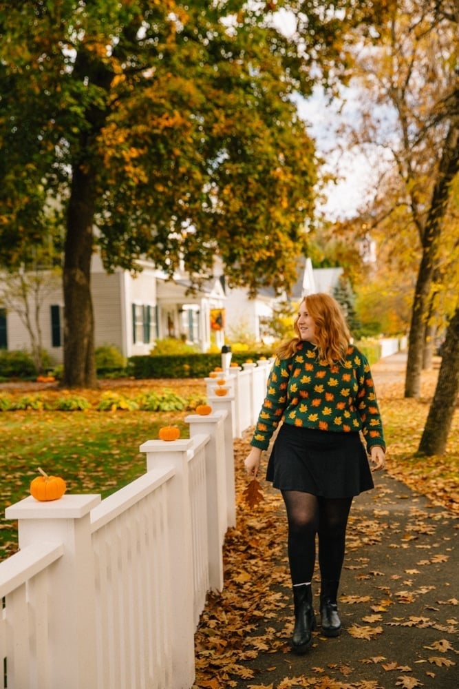Leaf Print Sweater with Black Mini Skirt and Tights — Simple Road Trip Outfits