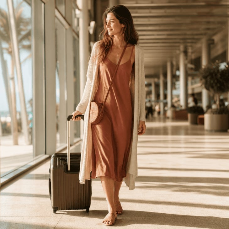 Cream Cardigan Over Rust Orange Slip Dress — Simple Road Trip Outfits