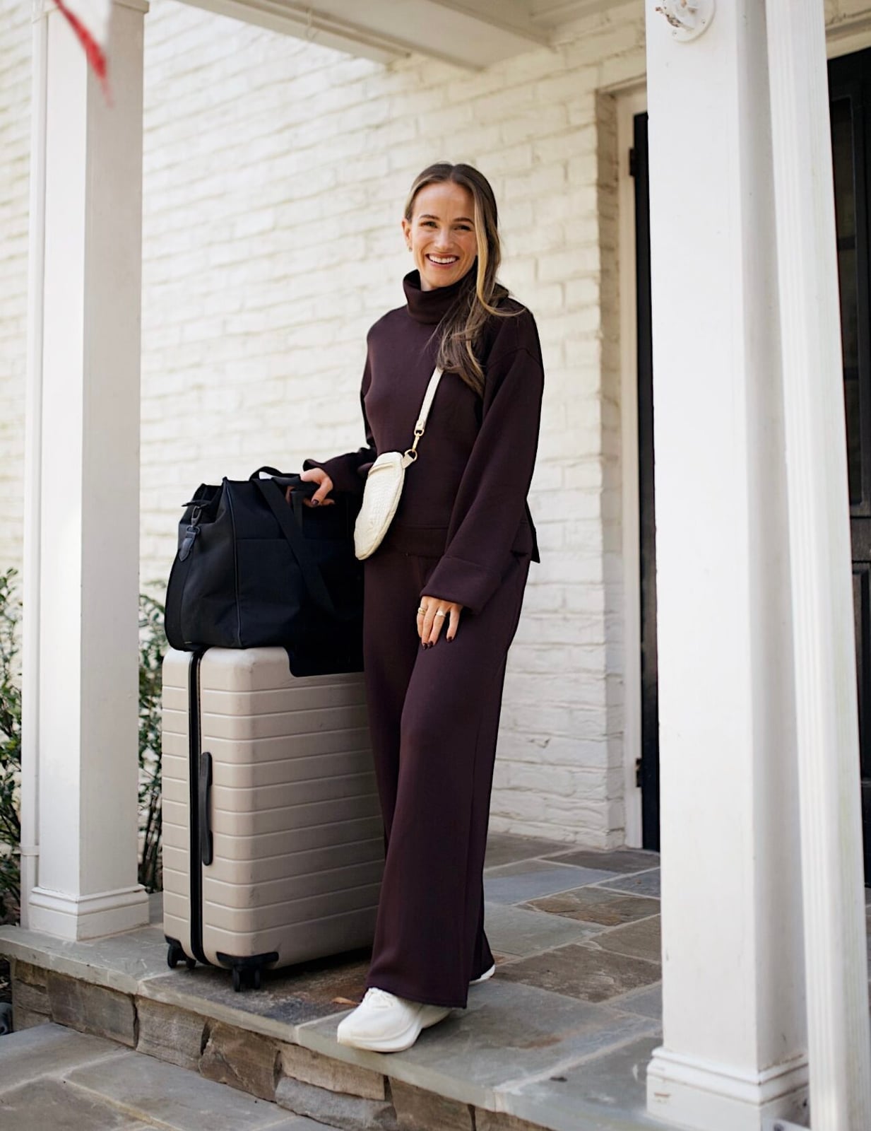 Deep Brown Knit Set with White Sneakers — Simple Road Trip Outfits