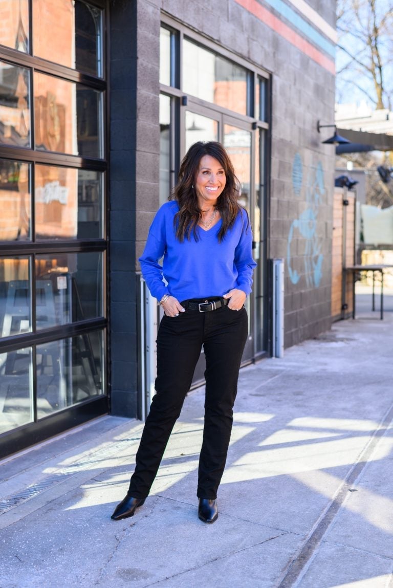 Vibrant Royal Blue Sweater with Black Jeans — Simple Royal Blue Outfits