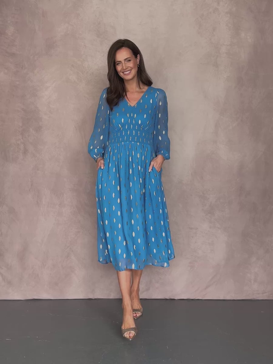 Sheer Royal Blue Dress with Metallic Print — Simple Royal Blue Outfits