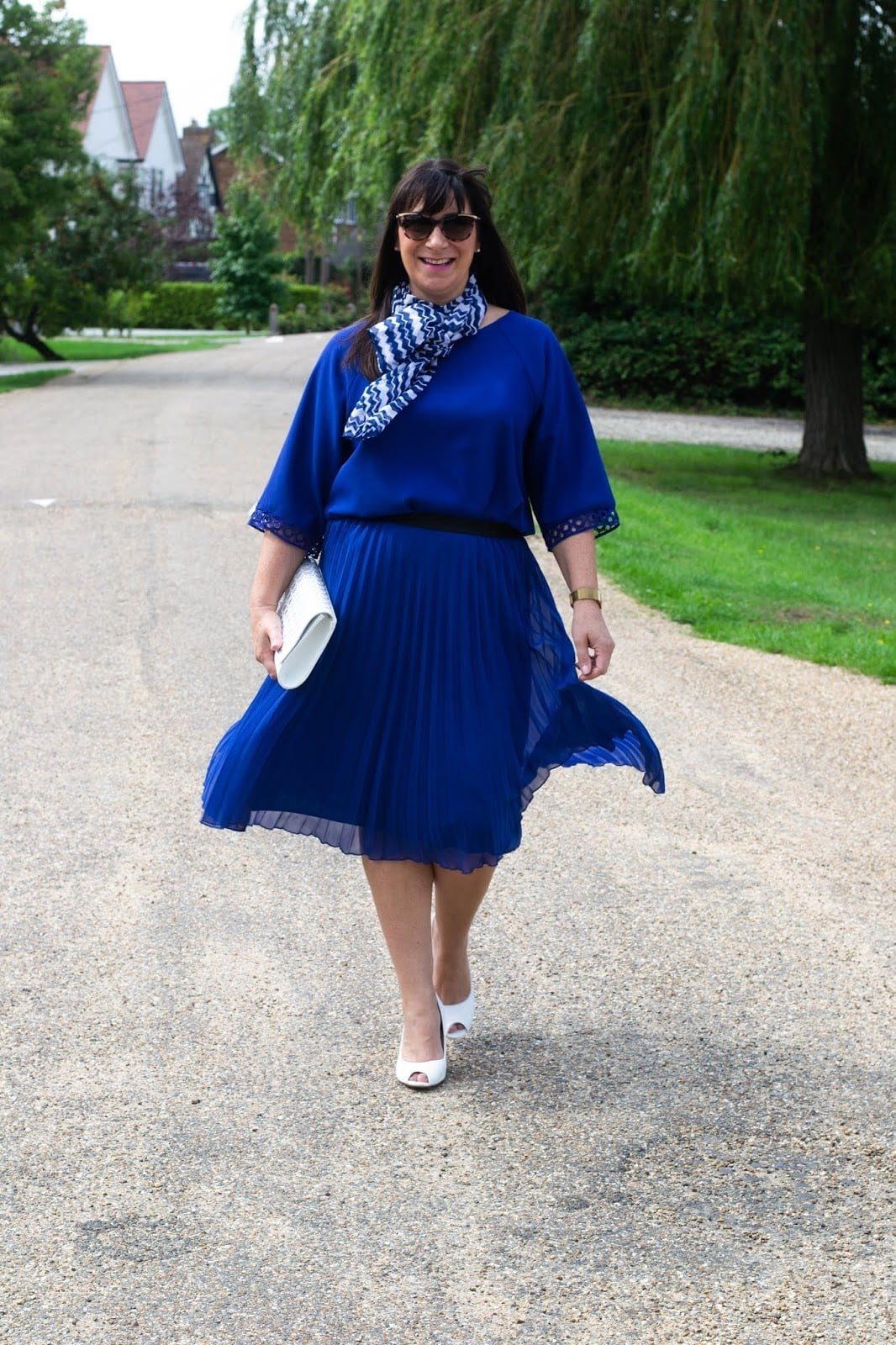 Royal Blue Pleated Chiffon Skirt Outfit — Simple Royal Blue Outfits