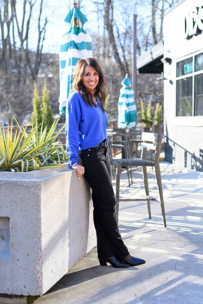 Vibrant Royal Blue Sweater with Black Pants, Knit — Simple Royal Blue Outfits