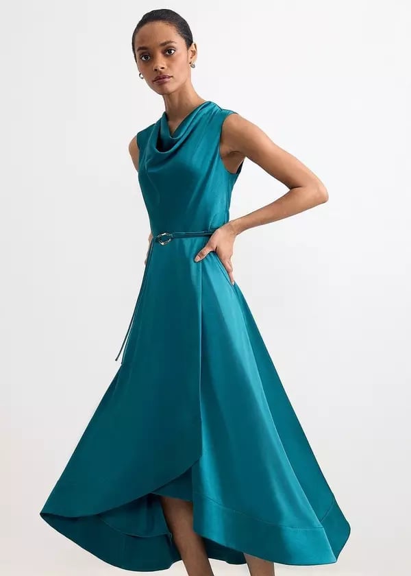 Teal Satin Midi Dress with Cowl Neckline — Simple Semi Formal Dresses