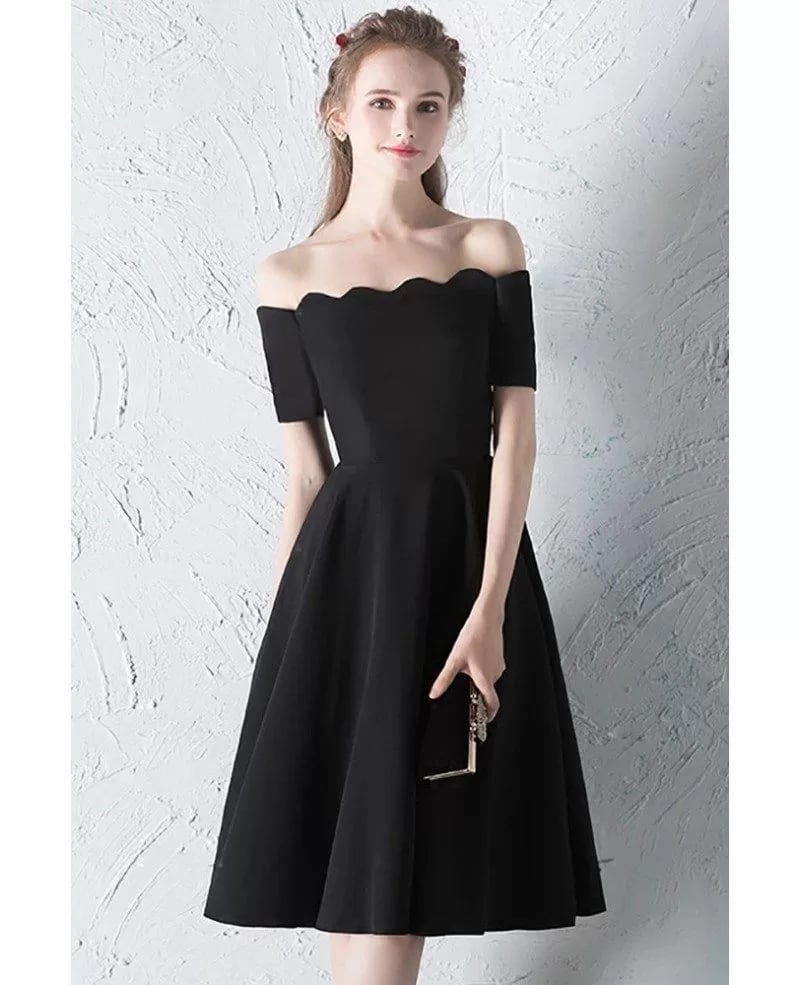 Black Off-Shoulder A-Line Dress with Scalloped Neckline — Simple Semi Formal Dresses