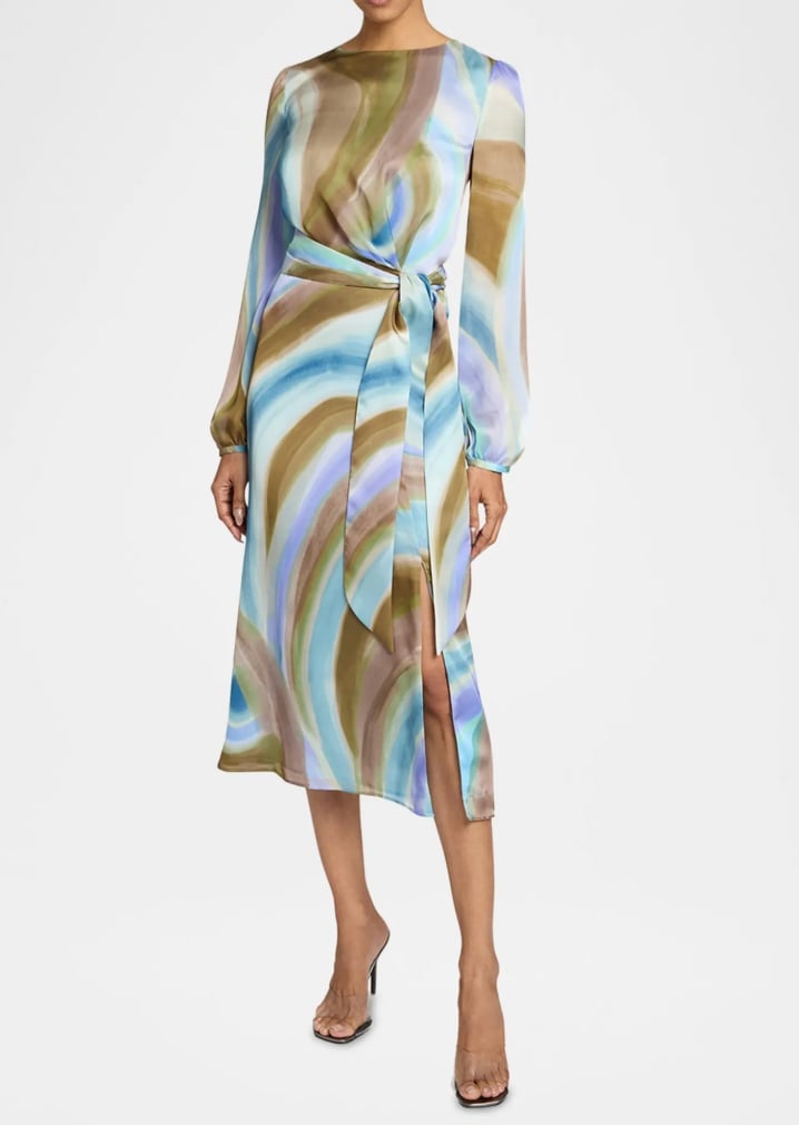 Abstract Print Wrap Midi Dress with Thigh-High Slit — Simple Semi Formal Dresses