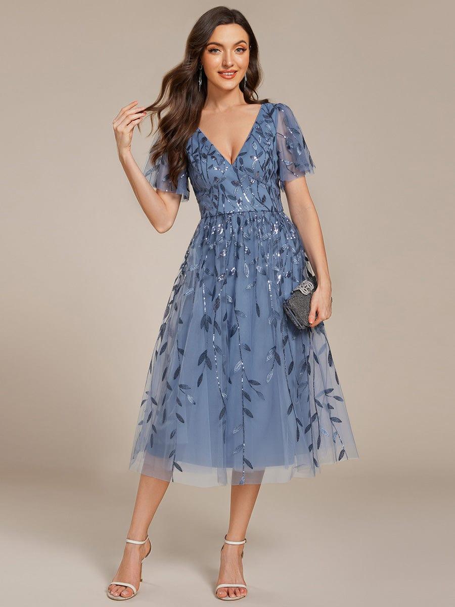 Blue Sequin Mesh Midi Dress with Full Tulle Skirt — Simple Semi Formal Dresses
