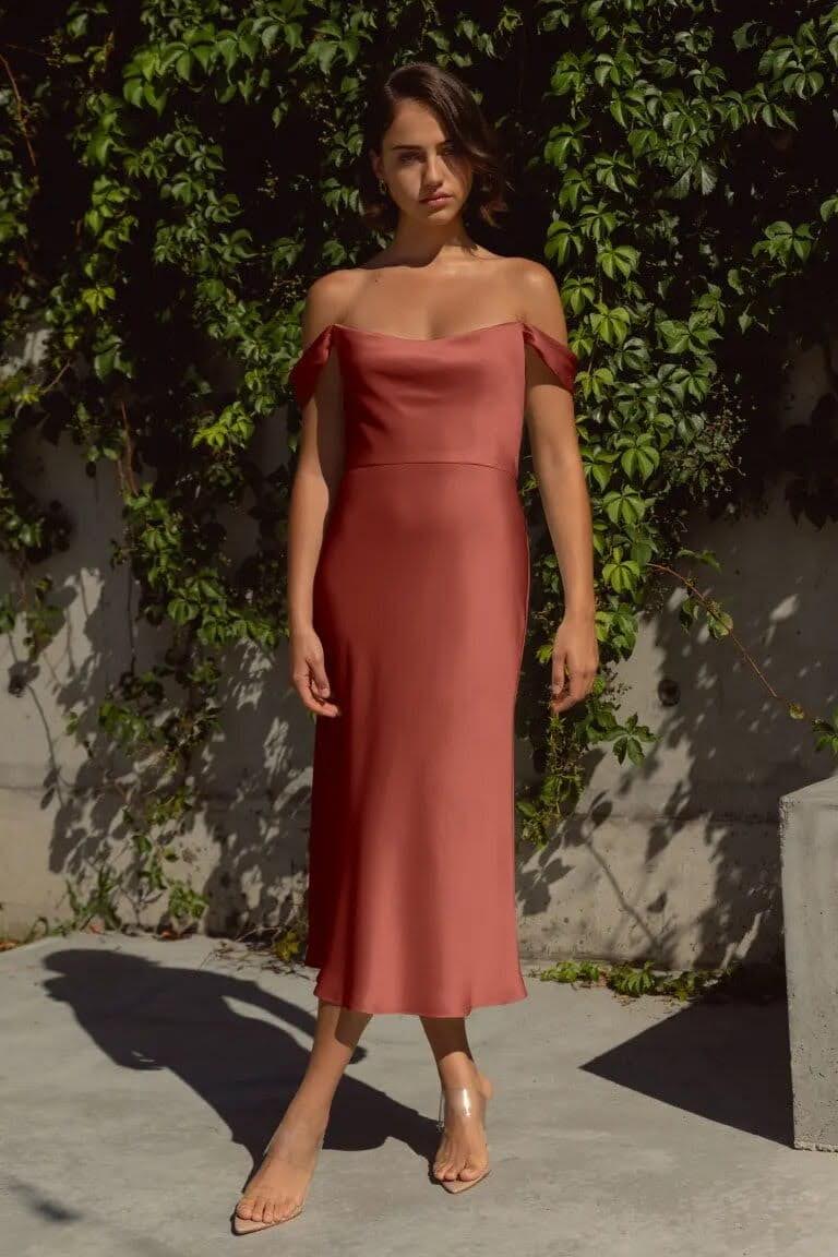 Rose Gold Satin Midi Slip Dress Off-The-Shoulder — Simple Semi Formal Dresses